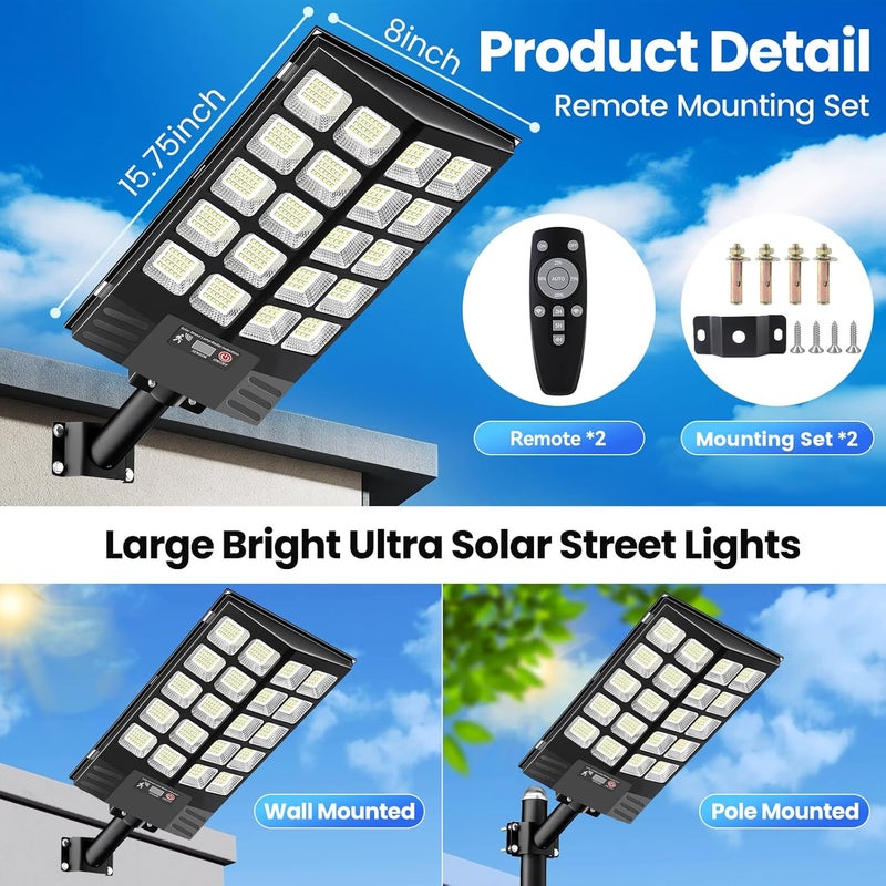 JWT 2 Pack 16" Large Solar Street Lights Outdoor Waterproof - Solar Powered Security Parking Lot Light Dusk to Dawn 60000LM,Motion Sensor Commercial LED Solar Flood Lights Remote Control for Outside Yard - Image 4